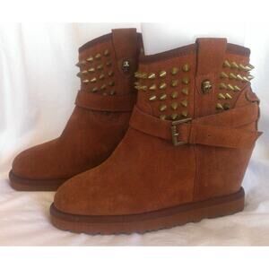 ASH Yahoo Leather Studded Spiked Skull Biker Wedge Boots Brown Womans 36 US 6